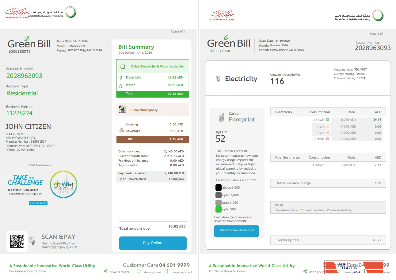 United Arab Emirates Dubai Electricity & Water Authority utility bill template in Word and PDF format (4 pages) 1 2